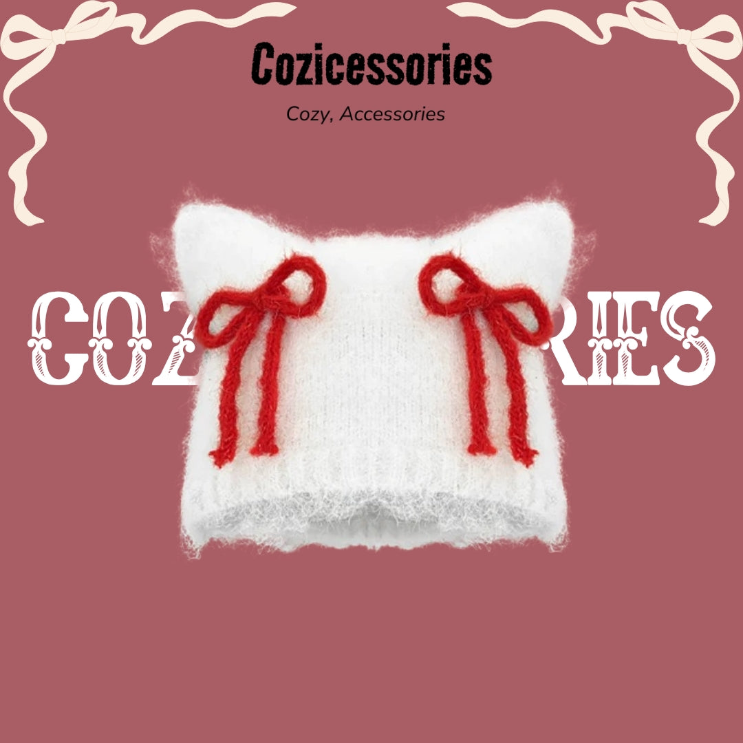 Y2K Bow Strap Cat Beanie