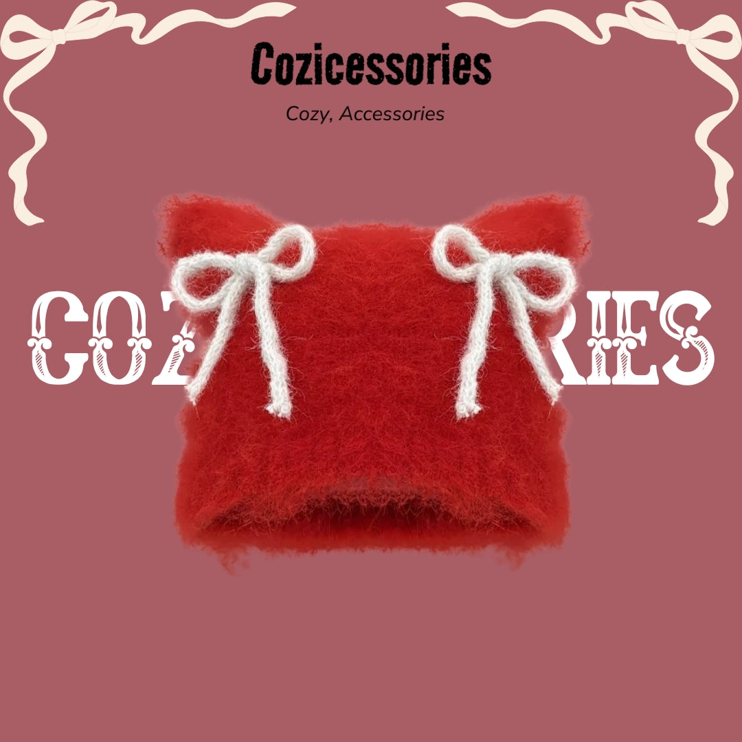 Y2K Bow Strap Cat Beanie