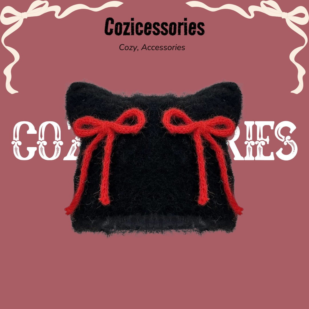 Y2K Bow Strap Cat Beanie